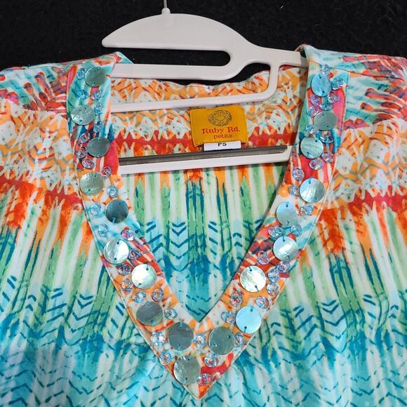 Ruby Rd Petites Womens Blouse Multi-Color Size PS Cotton Blend Stretch Pullover - Picture 7 of 12